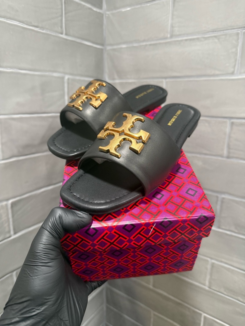 Tory Burch Black Leather Slide Sandals with Gold Logo Emblem Size EU 37/ US 7
